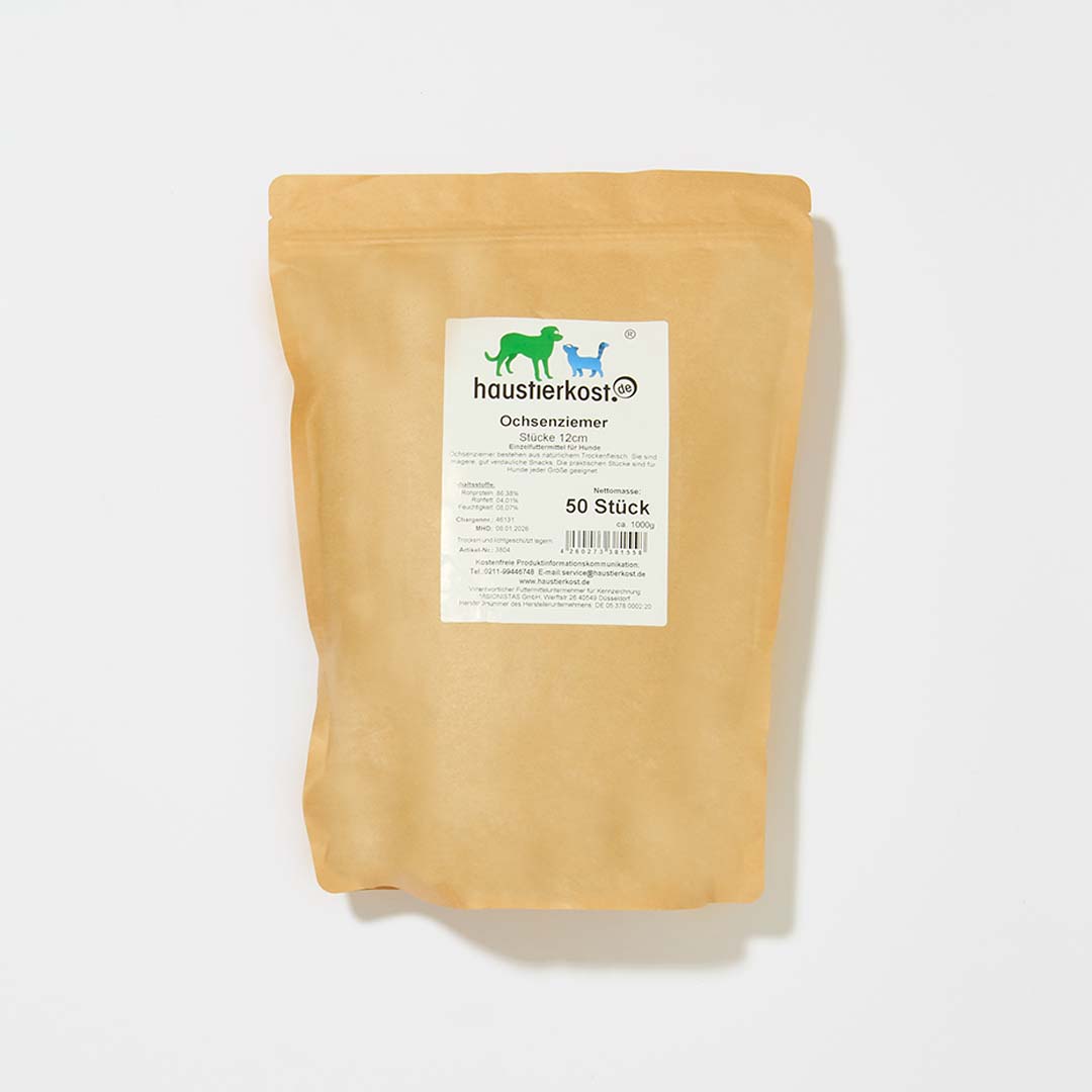 Ochsenziemer getrocknet, 50 Stück, 12 cm lang, in heller Verpackung, gesunder Knabberspaß für Hunde, unterstützt Zahnreinigung.