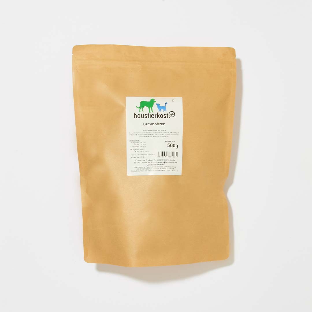 Lammohren 500 g für allergische und kleine Hunde, braune Verpackung.