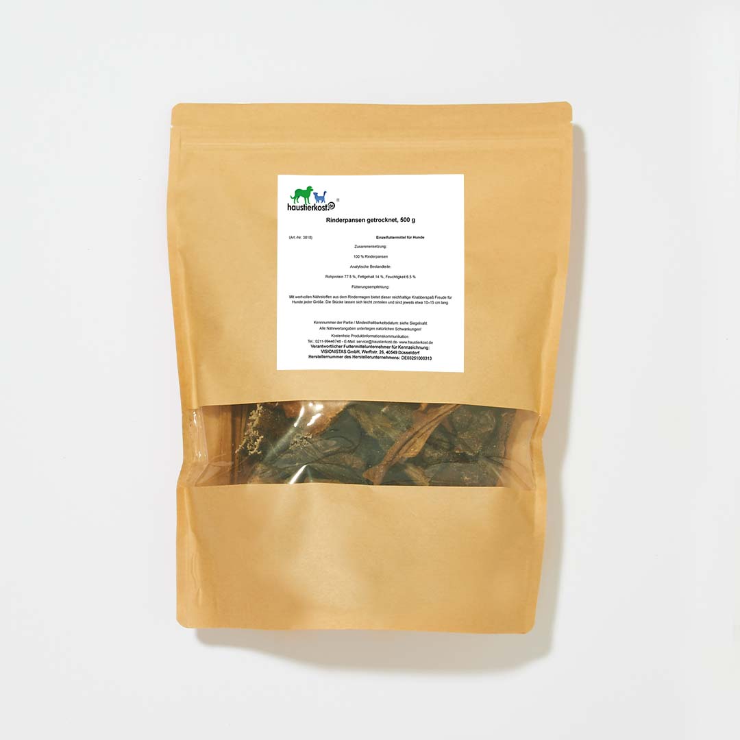 Rinderpansen getrocknet 500 g in Verpackung, idealer Knabberspaß für Hunde jeder Größe.