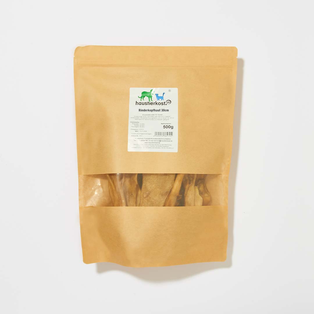 Natürliche Rinderkopfhaut Kauartikel 30 cm, 500 g für mittlere bis große Hunde in wiederverschließbarer Verpackung