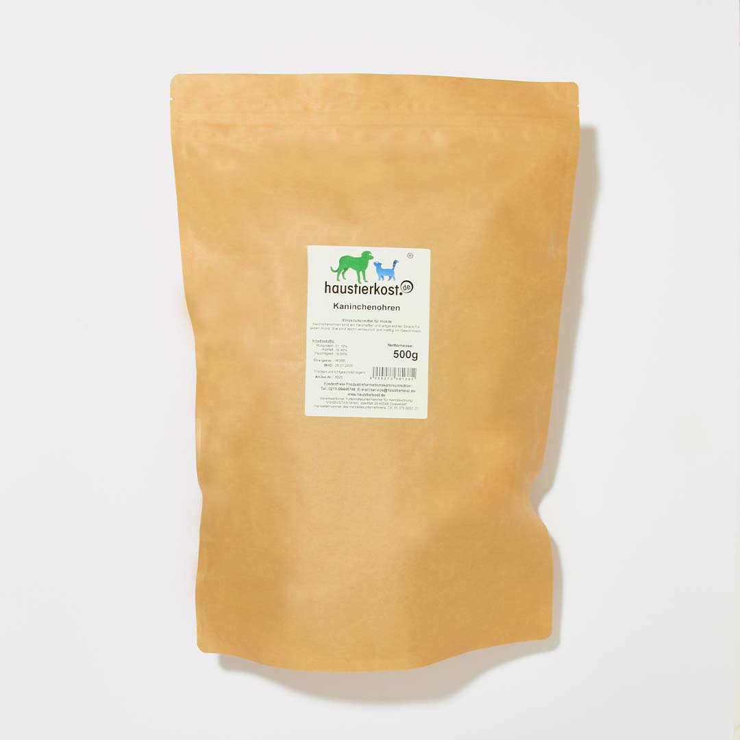 Verpackung mit 500g getrockneten Kaninchenohren als Hundesnack für allergische und kleinere Hunderassen
