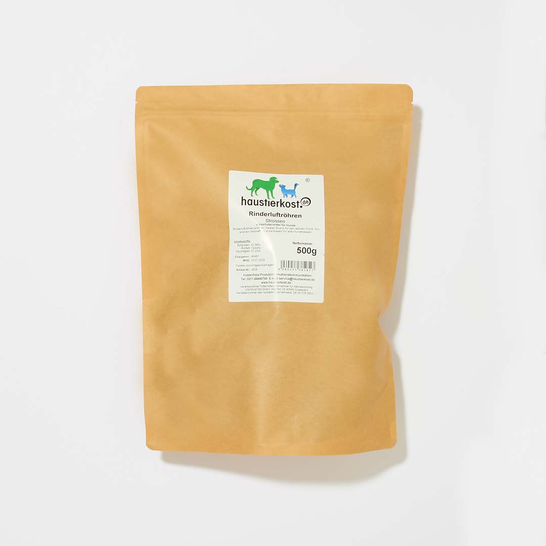 Rinderstrosse gesägt 500 g, Kausnack für Hunde in brauner Verpackung.