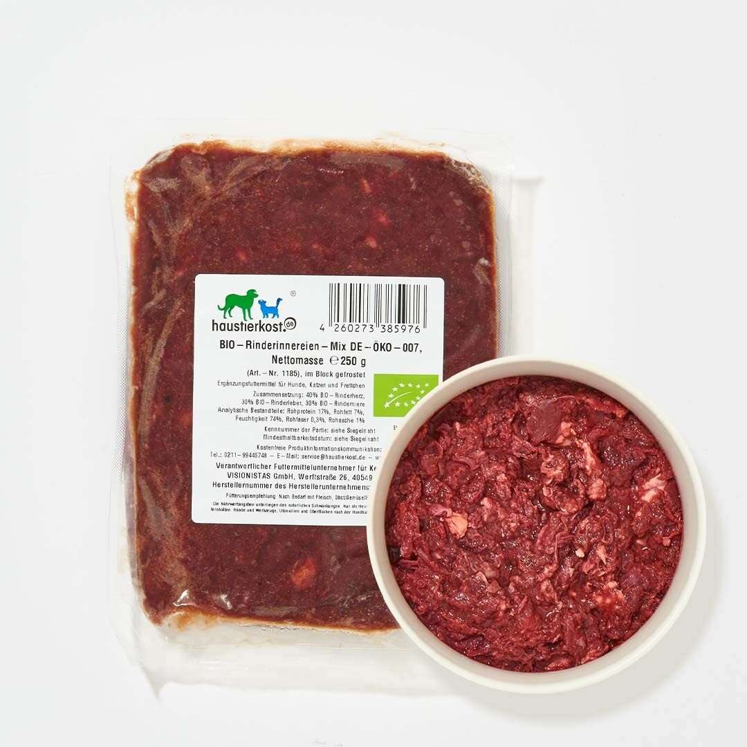 BIO-Rinderinnereien-Mix DE-ÖKO-007, 250 g Packung mit Schale, Delikatesse für Vierbeiner.