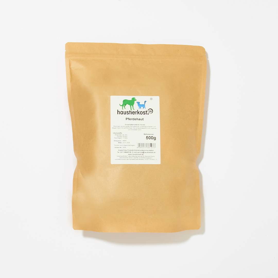 Pferdehaut Streifen, 500 g Beutel für Hunde, ca. 12 x 4 cm.