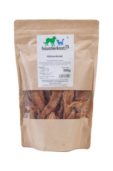 Getrocknete Hühnerbruststreifen in 500 g Packung, aus deutschem Frischfleisch, ideale Belohnung für Haustiere.