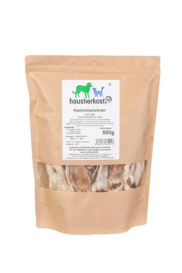 Getrocknete Kaninchenohren mit Fell, 500 g, geeignet für allergische Hunde und kleine Rassen.