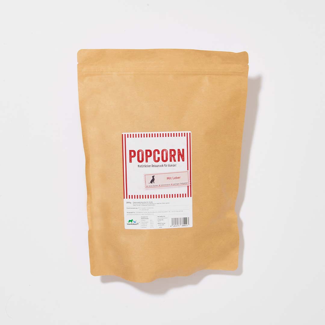 Popcorn-Tüte für Hunde mit Lebergeschmack, 200 g, fettarm und zuckerfrei.