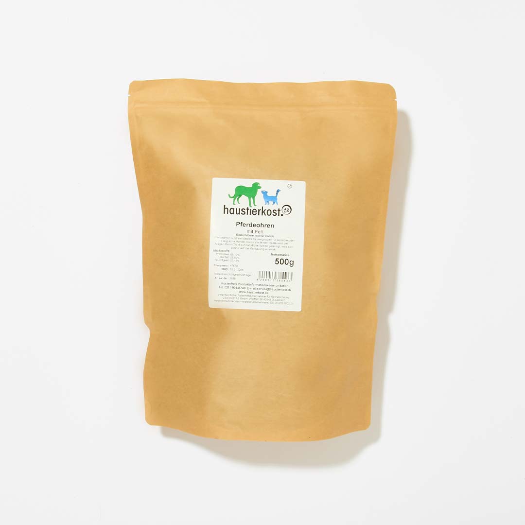 Getrocknete Pferdeohren mit Fell, 500 g Beutel, Hundesnack.