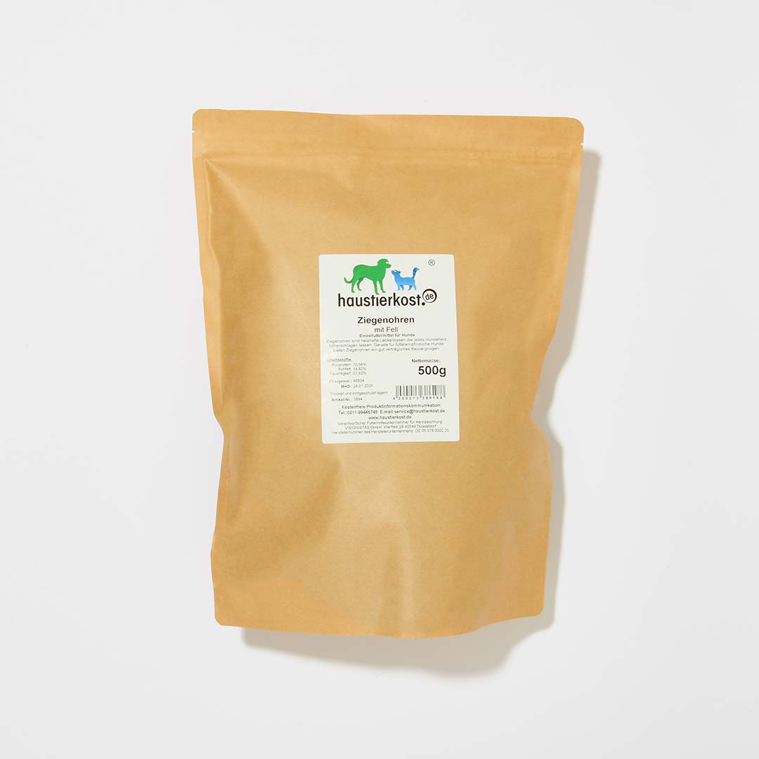 Ziegenohren mit Fell, Beutel 500 g, Hundesnack, Kalzium- und Ballaststofflieferant