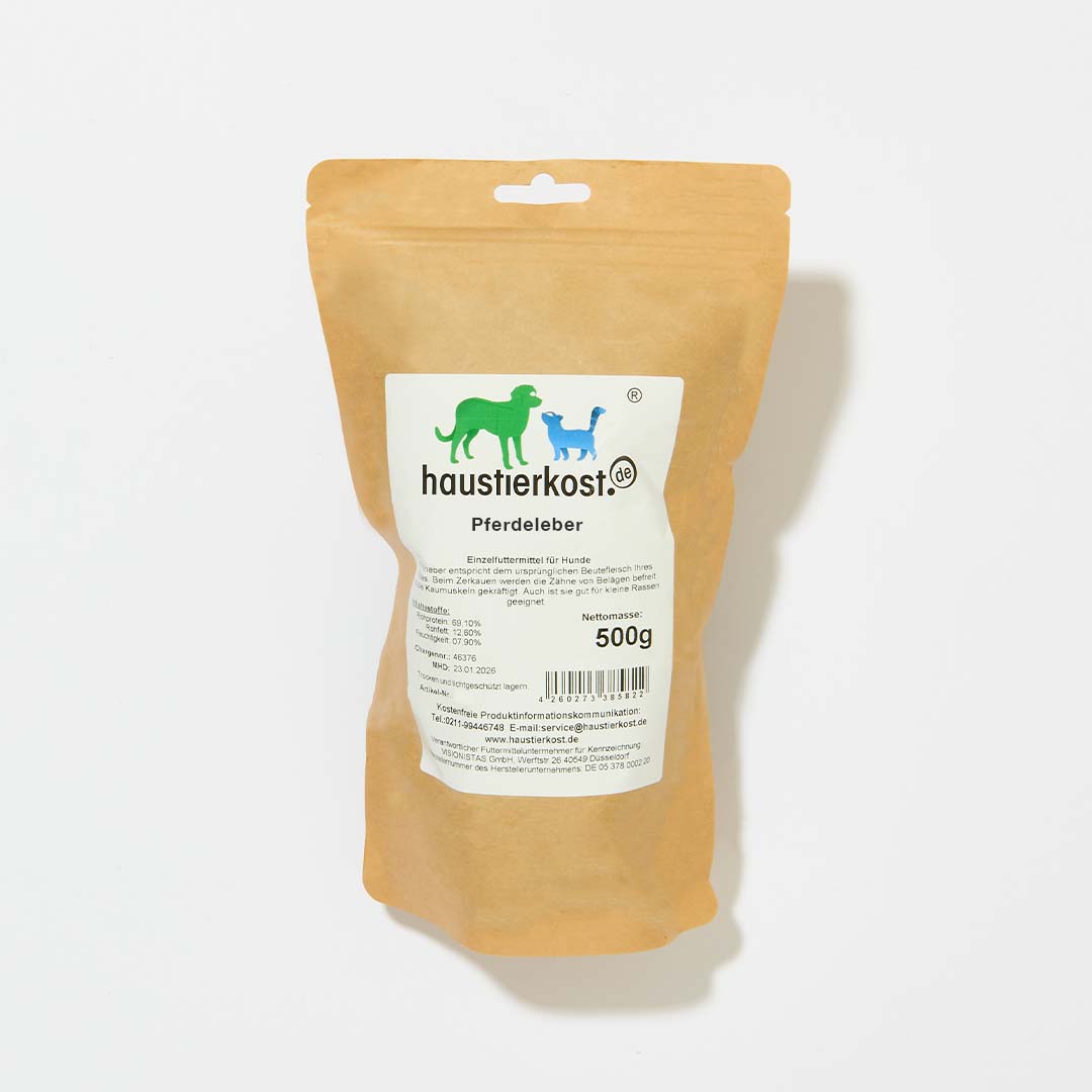 Pferdeleber getrocknet 500g für ernährungssensible Hunde, knuspriger Snack.