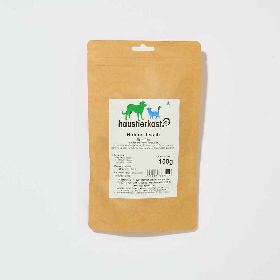 Getrocknete Hühnerfleischstreifen 100 g als Belohnung für Hunde und Katzen in brauner Verpackung