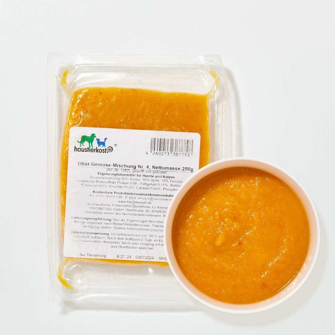 Obst-Gemüse-Mischung Nr. 4, 250 g, gedünstet und püriert, in Verpackung und Schale.