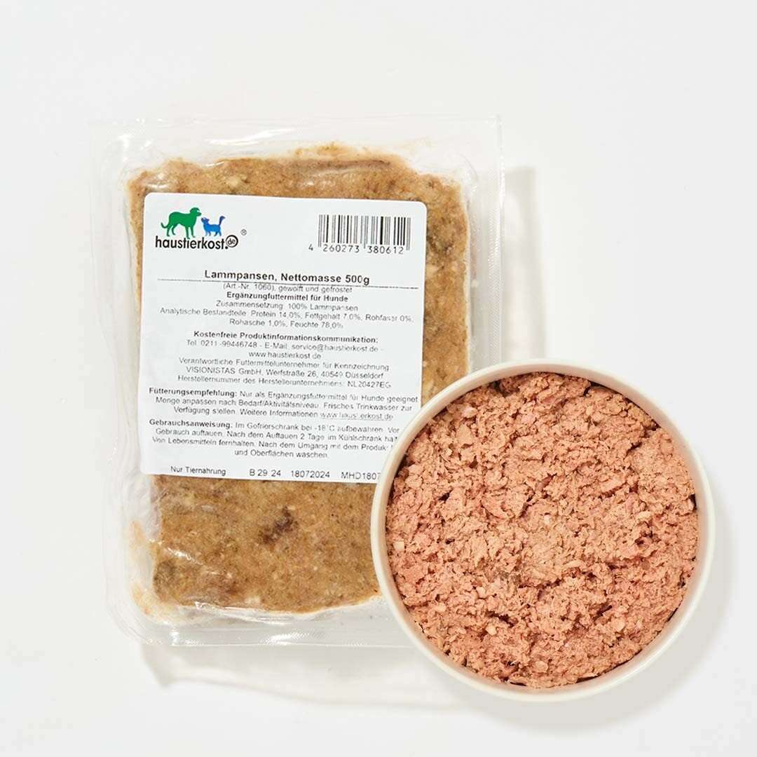 Lammpansen gewolft 500g, ideale Delikatesse für Hunde und Katzen mit Allergien, probiotisch und nährstoffreich.