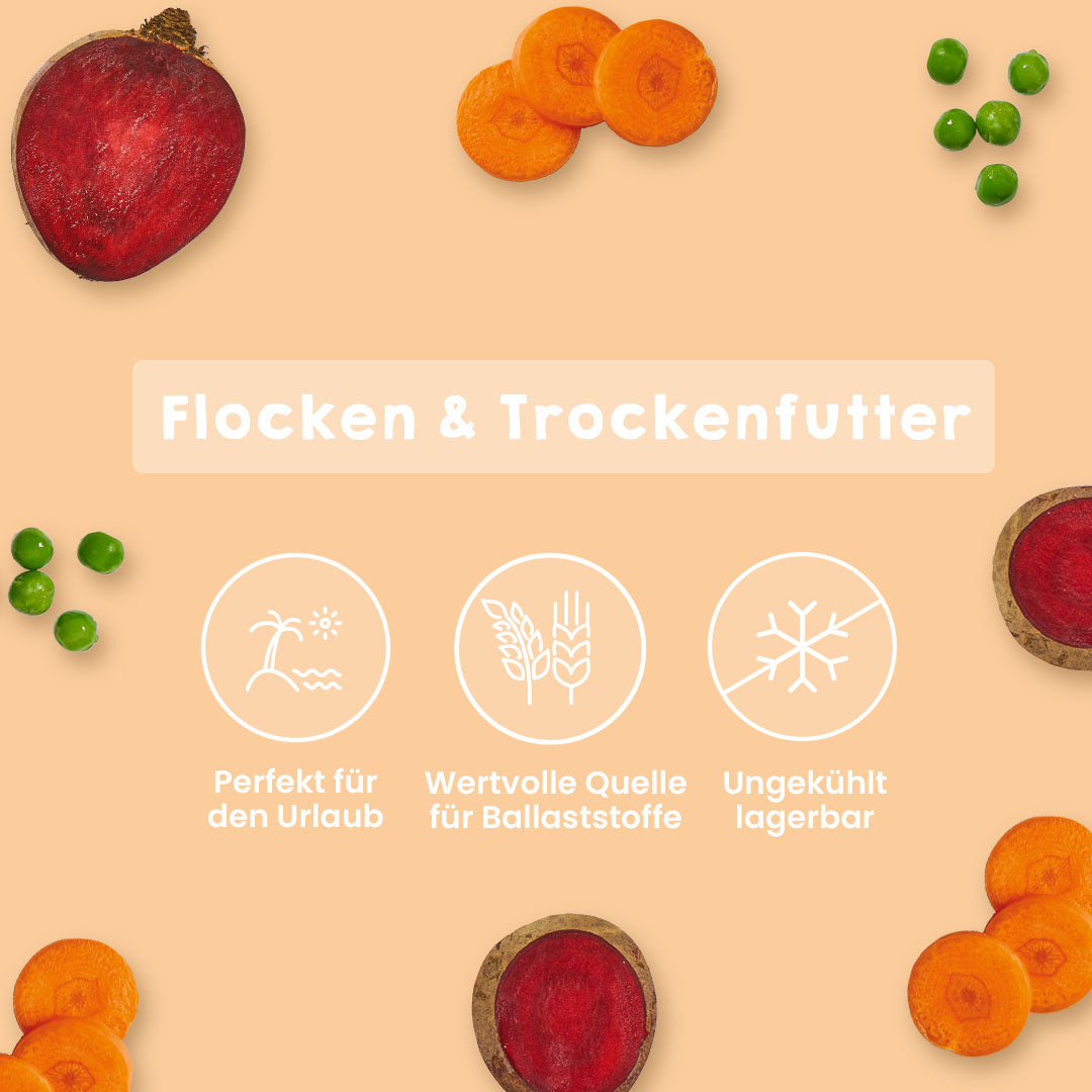 Mixflocke mit 30% Gemüseanteil aus Mais, Gerste, Weizen, Möhren, Erbsen, Roter Beete und Lauch, 1 kg trockenes Trockenfutter reich an Ballaststoffen.