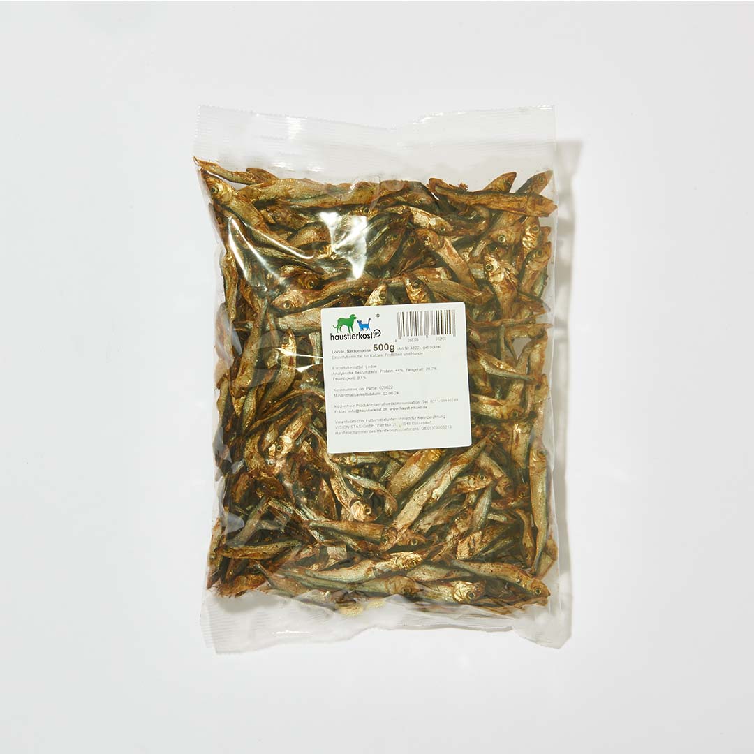 Fischsnack Lodde 500g, getrocknete kleine Fische als Snack für Hunde und Katzen