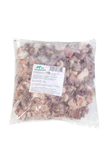 Lamm-Mix, 1 kg, gefrorenes Lammfleisch für Hunde und Katzen, in grobe Stücke geschnitten.