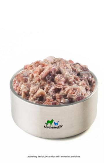 Enten-Mix in Edelstahlschüssel, 1 kg, geeignet für Hunde und Katzen, grob geschnittenes Entenfleisch.