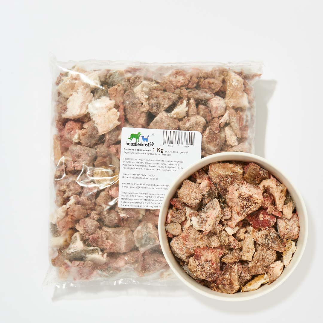 Rinder-Mix 1 kg gefrorene grobe Rindfleischstücke für Hunde und Katzen, geeignet bei Allergien und sensibler Ernährung