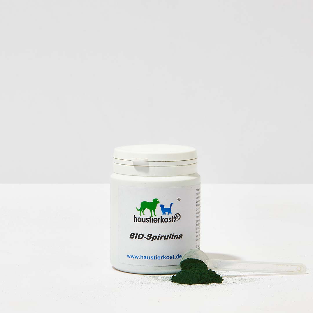 haustierkost.de BIO Spirulina Pulver 100g in Weißer Dose als natürliches Einzelfuttermittel für Hunde und Katzen in Bioqualität DE-ÖKO-001