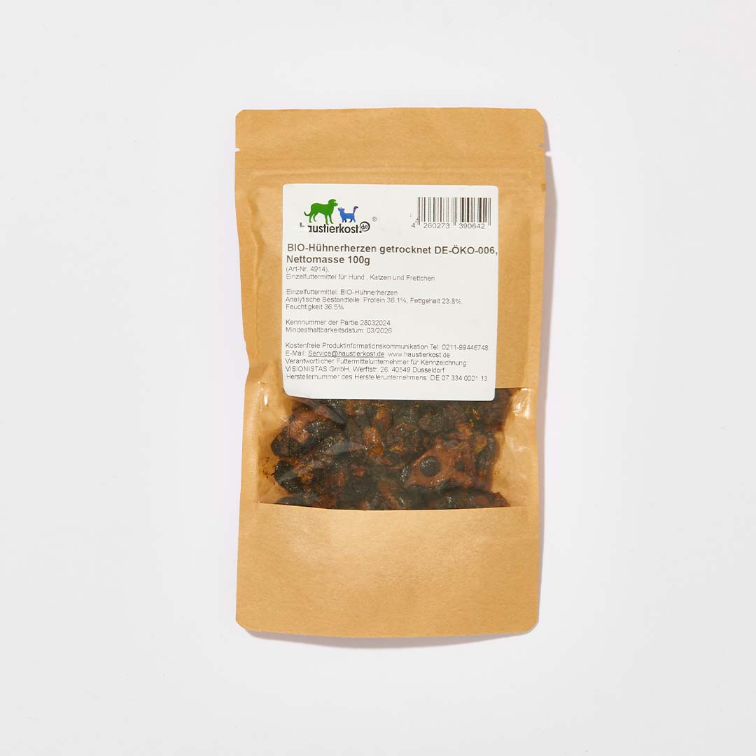 BIO Hühnerherzen DE-ÖKÖ-600, 100 g, luftgetrocknet, natürlicher Taurin-Snack für Hunde und Katzen.