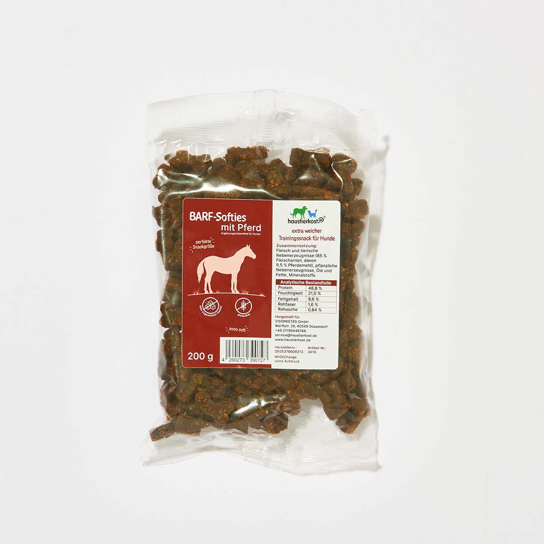 BARF-Softies mit Pferd, weiches Hunde-Leckerlie, 200 g Packung.