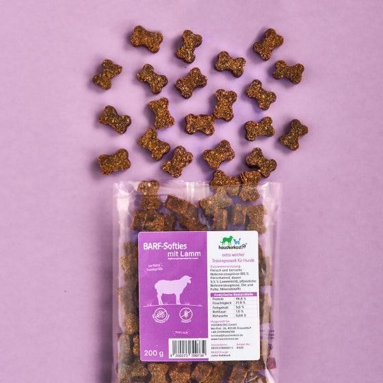 BARF-Softies mit Lamm, weiche Leckerlies, 200 g Packung, gluten- und laktosefrei.