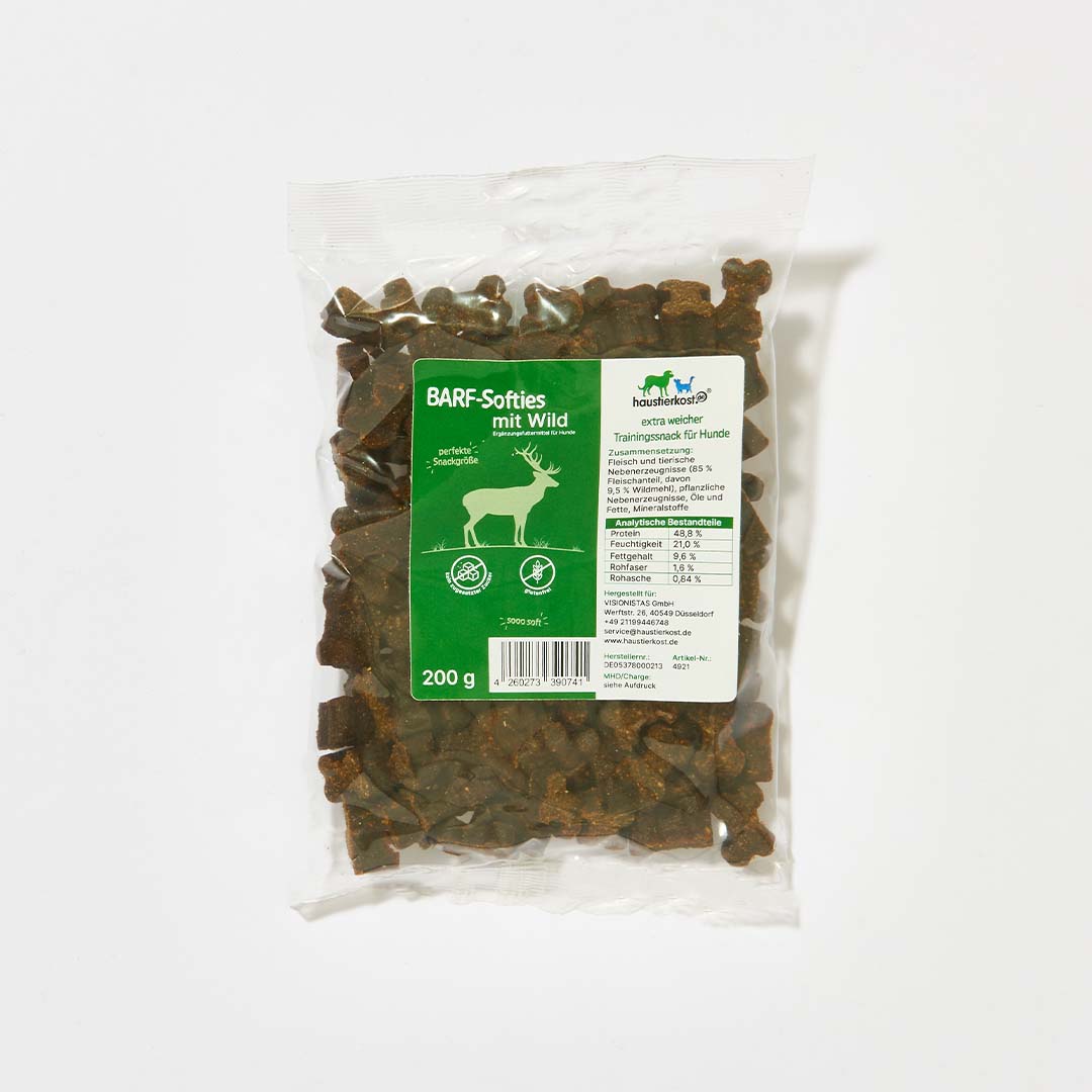 BARF-Softies mit Wild, weiches Hundeleckerlies, 200 g Packung.