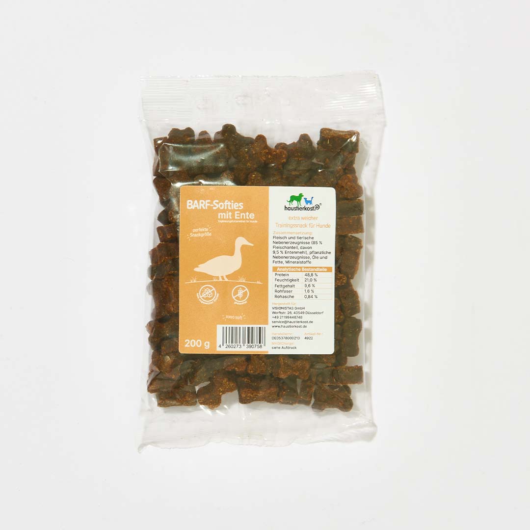 BARF-Softies mit Ente, gluten- und laktosefrei, 200 g Verpackung.