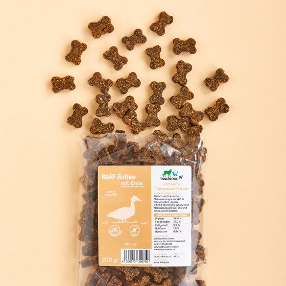 BARF-Softies mit Ente, 200 g Packung, weiches Hundeleckerlie, hoher Fleischanteil, glutenfrei, laktosefrei.