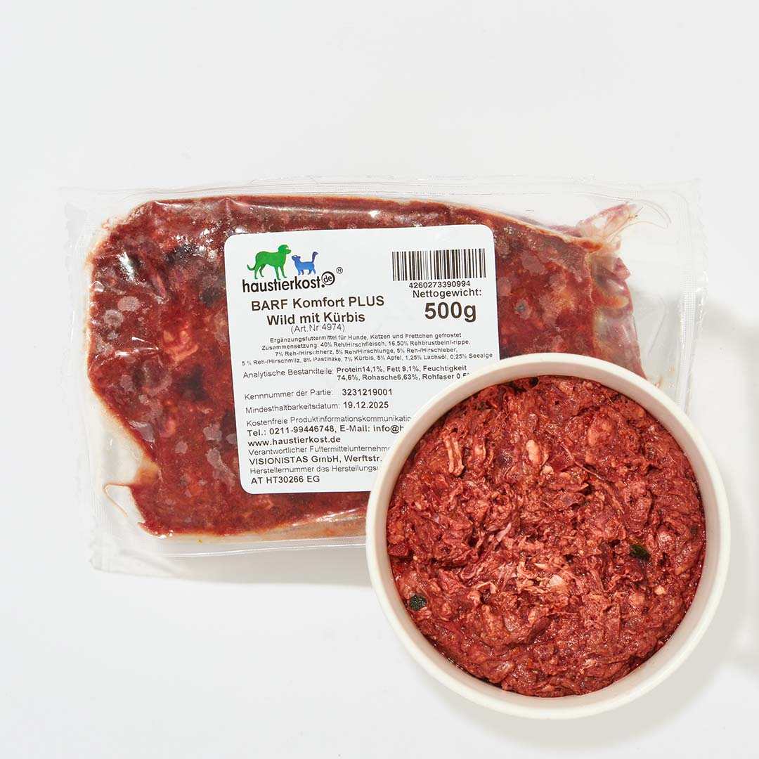 BARF Komfort PLUS Wild mit Kürbis 500g, rohes Fertigmenü mit Reh- und Hirschfleisch, Kürbis, Pastinake, Apfel, Lachsöl.