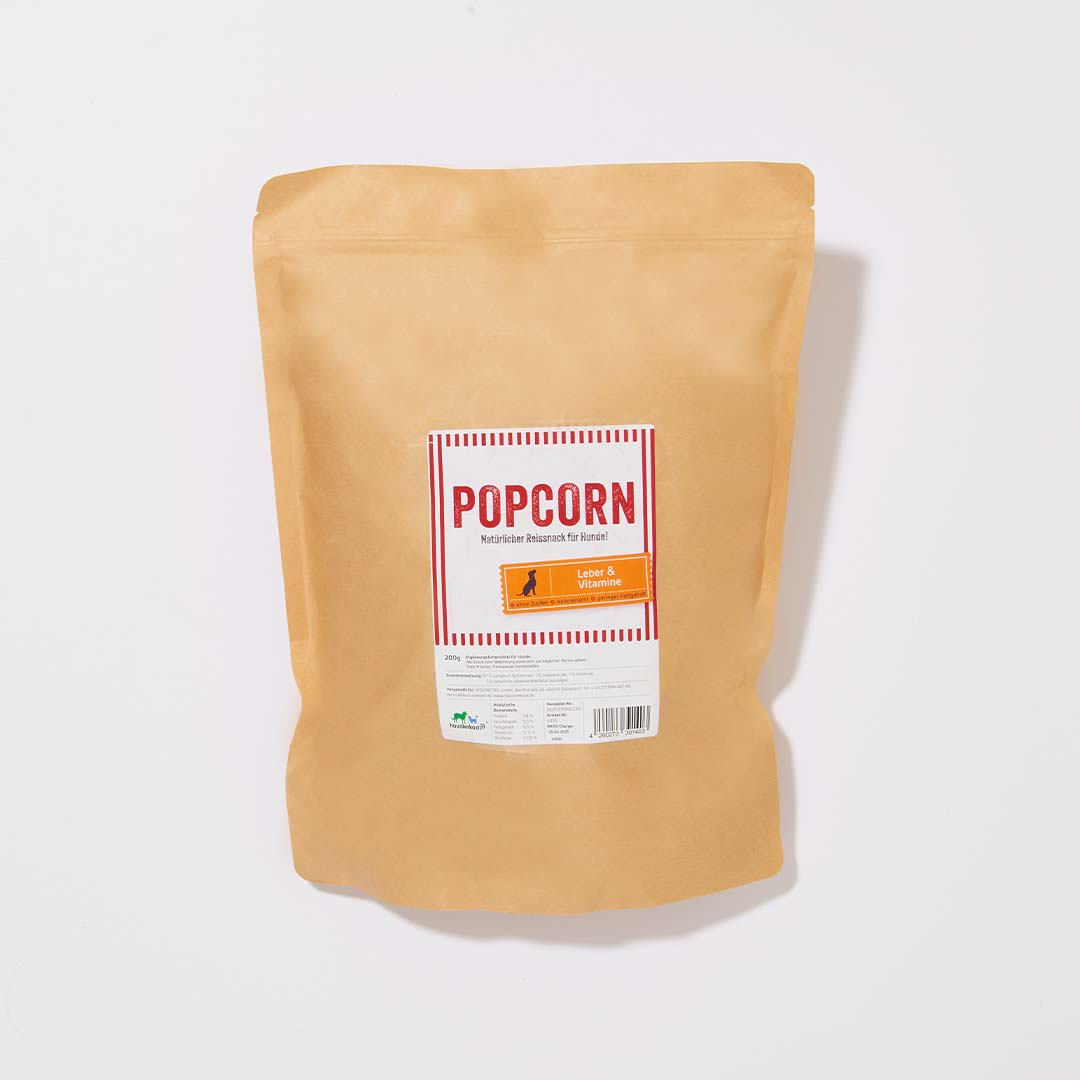Popcorn für Hunde mit Leber und Vitaminen, 200 g Packung, idealer fettarmer Snack.