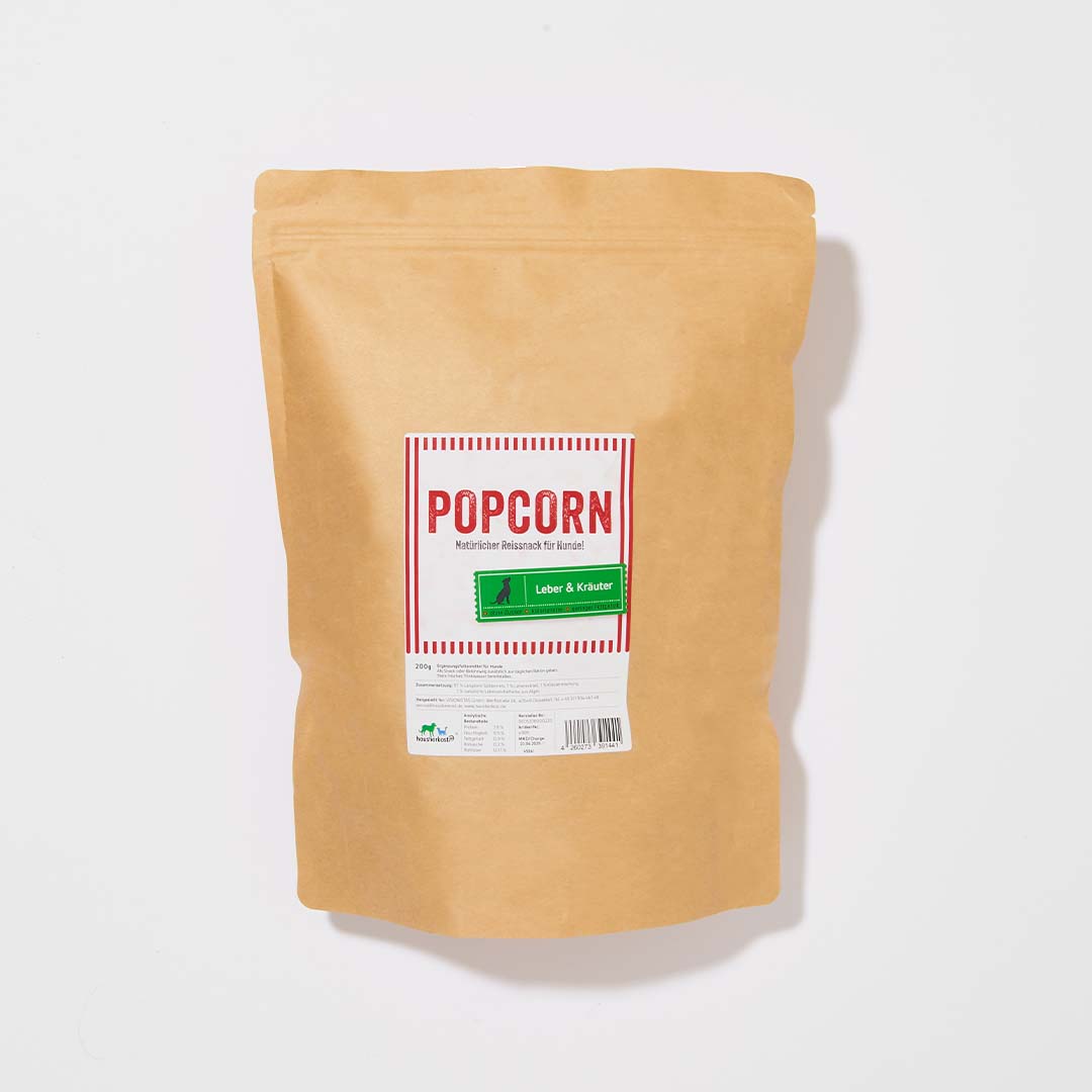 Hundepopcorn mit Leber und Kräutern, 200 g Beutel, knuspriger Snack aus Langkornreis, fettarm und zuckerfrei.