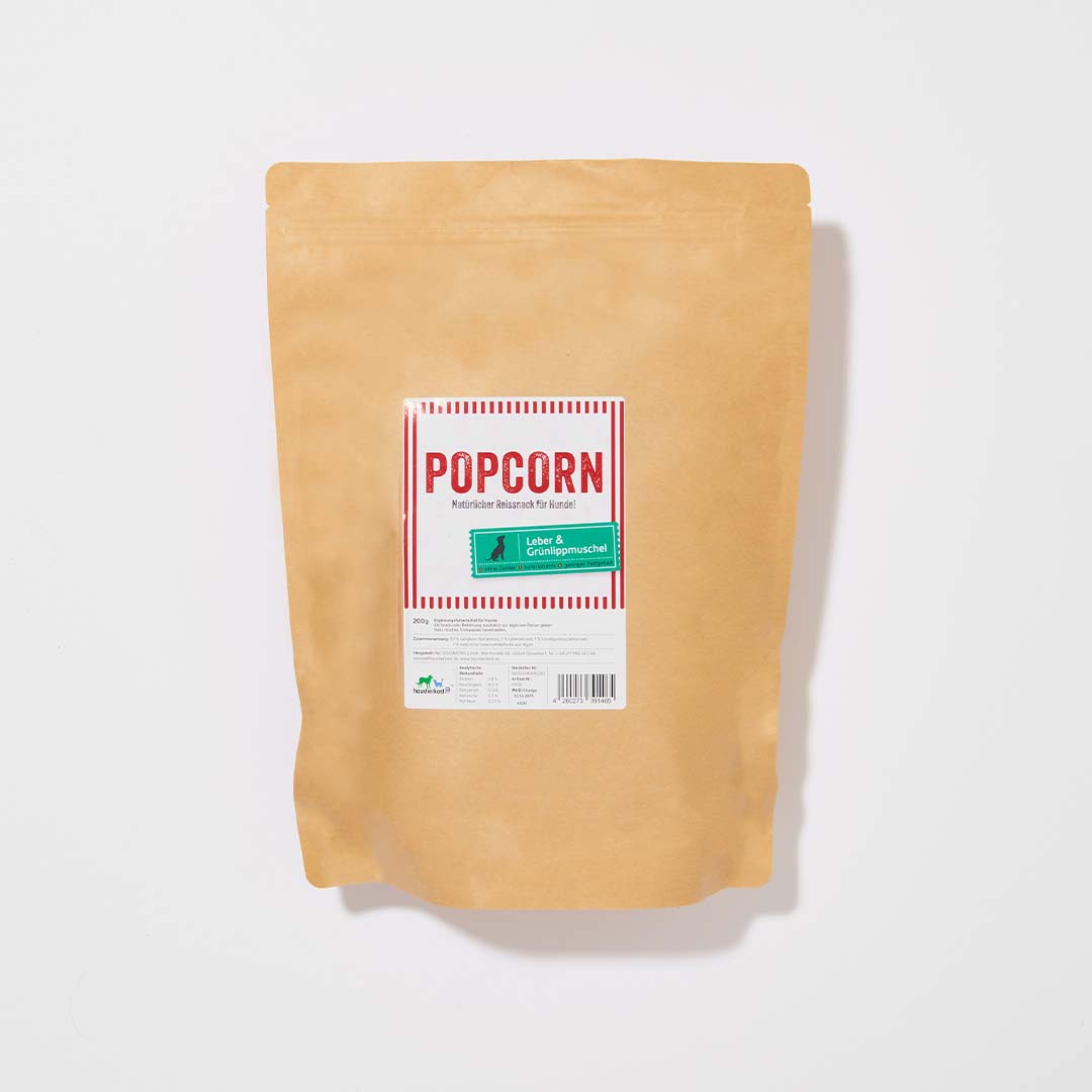 Verpackung von Hundepopcorn mit Leber und Grünlippmuschel, 200 g.