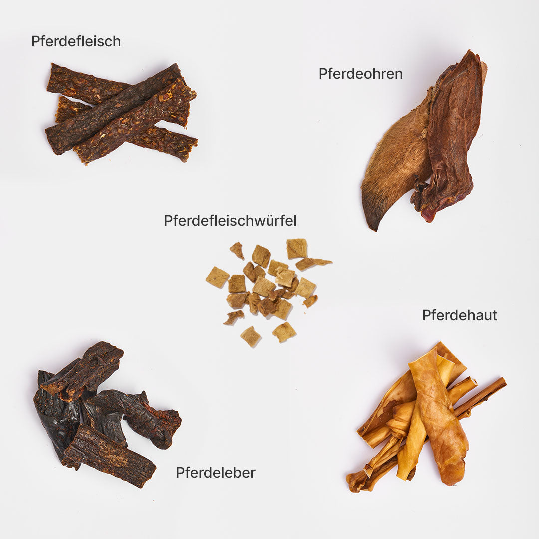 Kauartikel-Paket Pferd mit getrocknetem Pferdefleisch, Pferdeohren, Pferdefleischwürfeln, Pferdeleber und Pferdehautstreifen, 2,1 kg