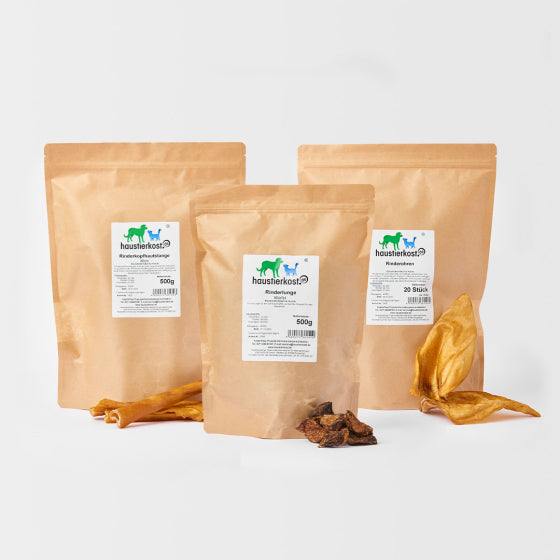 Kauartikel-Paket Rind, getrocknete Rinderprodukte, 2 kg, Rindfleisch, Rinderkopfhaut, Rinderleber, Rinderohren, Rinderlungen-Würfel.