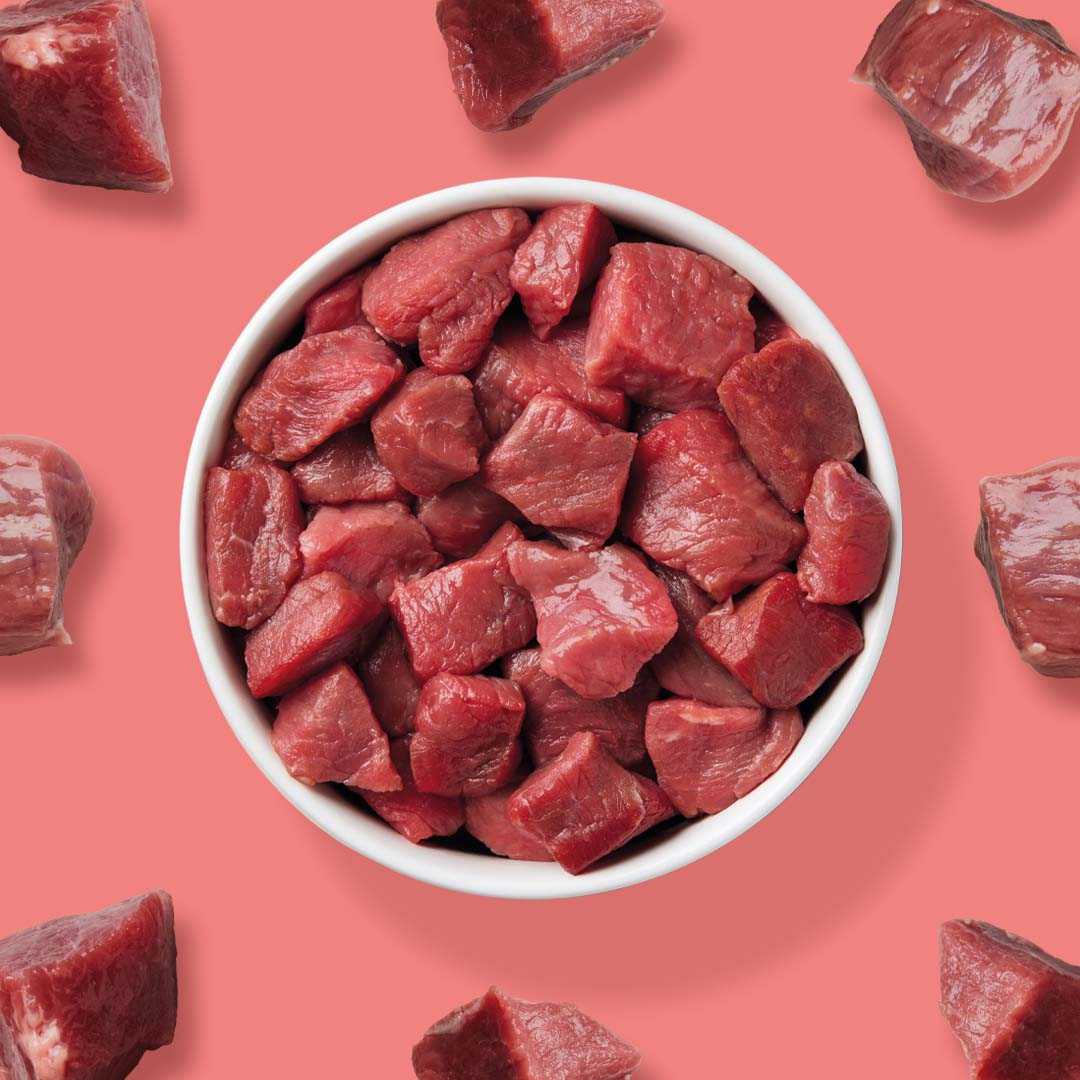 Köttbullar Pansen Hundesnack aus Rinderpansen in Schale auf rosa Hintergrund.
