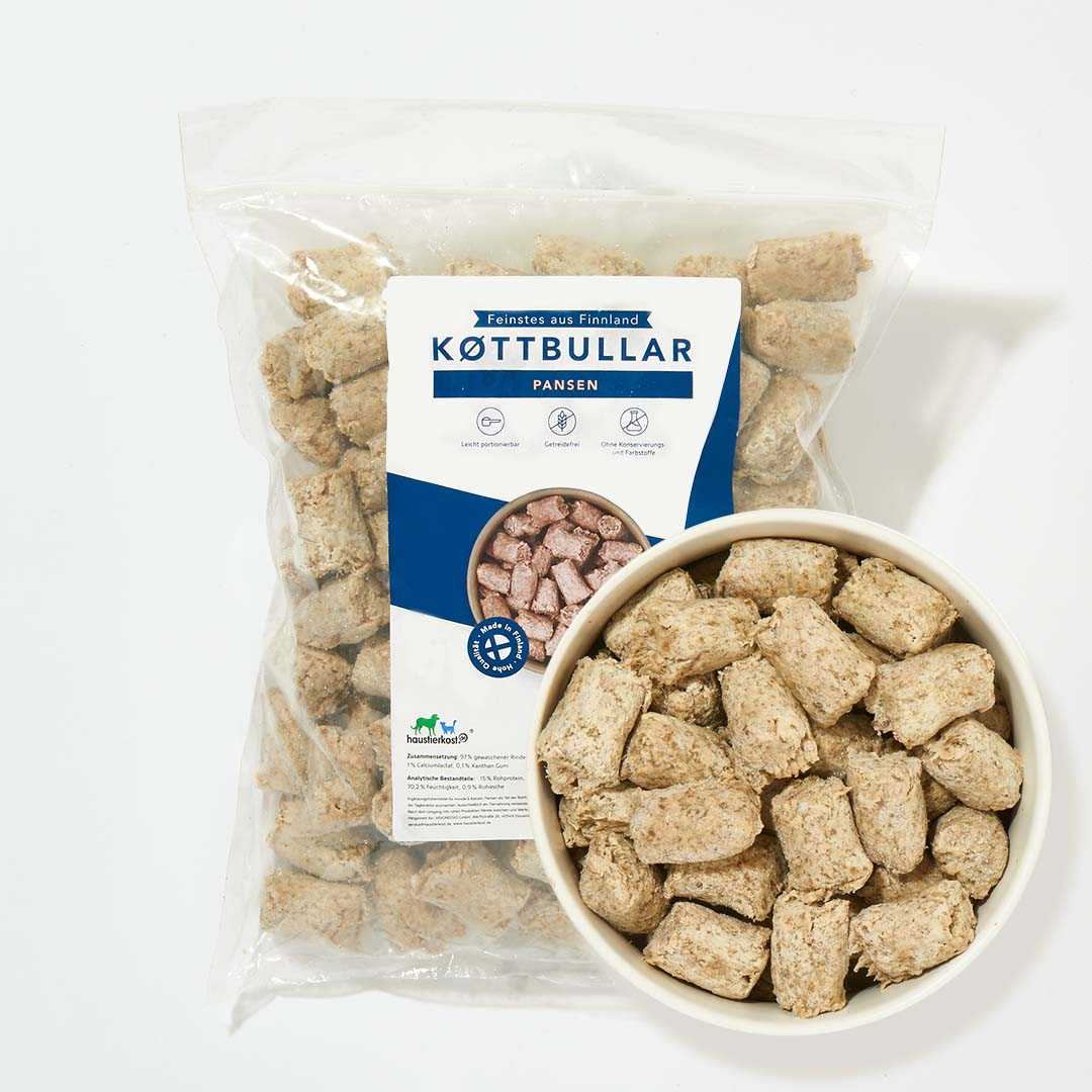 Köttbullar Pansen für Hunde, gefrorene Rinderpansen-Bällchen in Tüte und Schale, hochwertige finnische Rohstoffe.