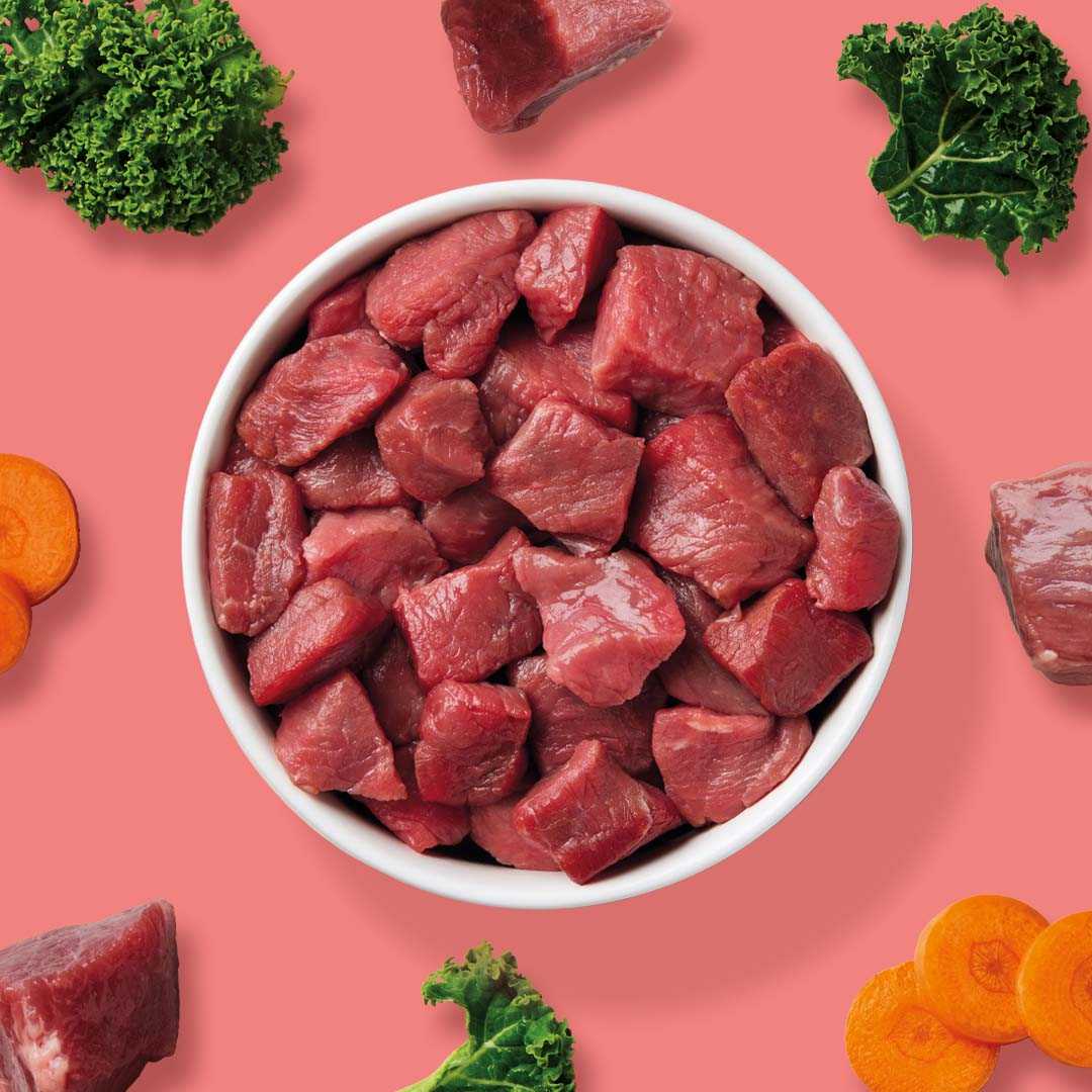 Köttbullar Rind mit Gemüse in Schale, umgeben von frischem Gemüse auf rosa Hintergrund.