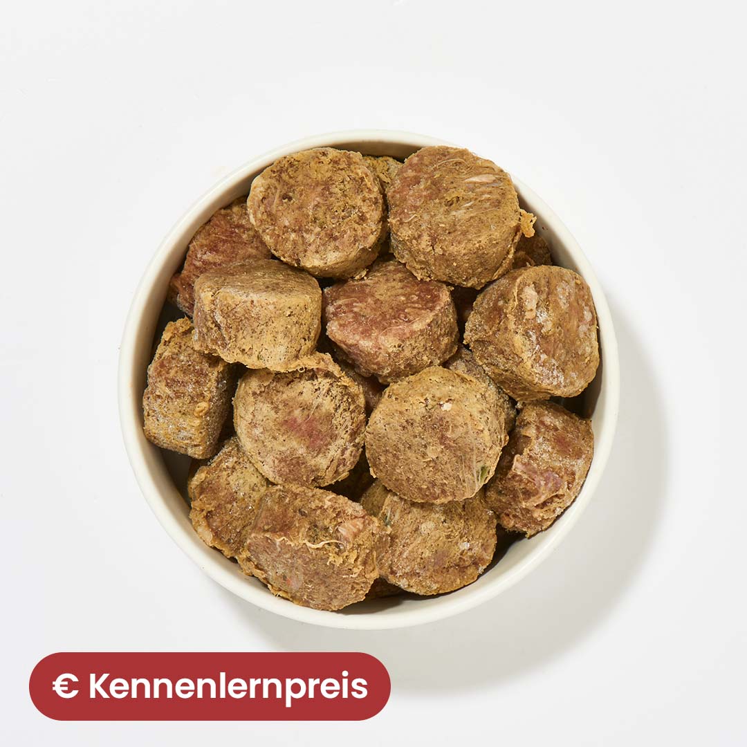 All-in-One Nuggets Pferd in a bowl, grain-free and gluten-free dog food rich in vitamins and fiber for a balanced diet.