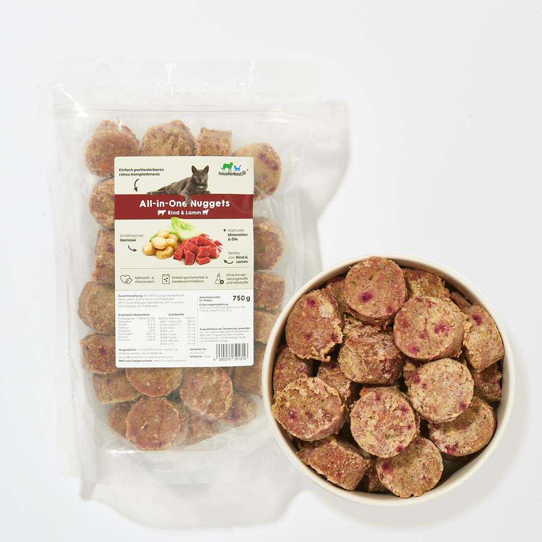 All-in-One Nuggets Rind & Lamm für Katzen, Komplettmenü, enthält alle wichtigen Nährstoffe, ideal für BARF Einsteiger, ohne Getreide und Gluten.