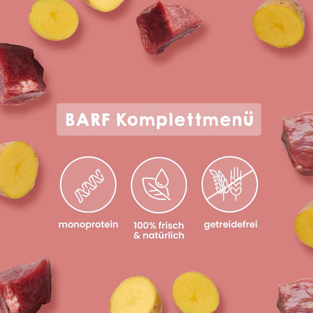 BARF Komplettmenü mit Rind und Lamm für Katzen, monoprotein, getreidefrei, 100% frisch und natürlich.