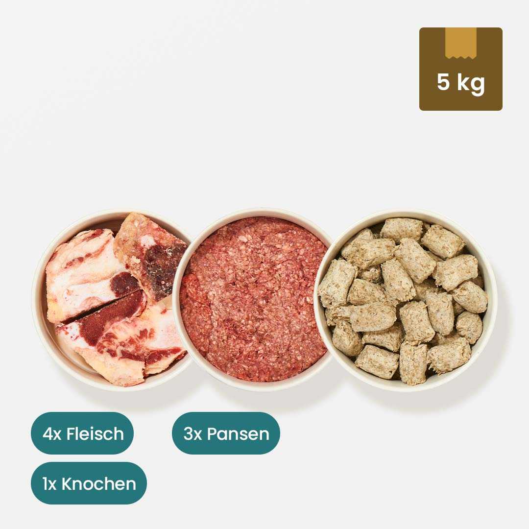 Probierpaket Finnland für Barfer mit Rind- und Hühnchenmix, Rinderpansen, Köttbullar Pansen und Rinderbrustbeinknochen; 5 kg BARF-Ration für Hunde.