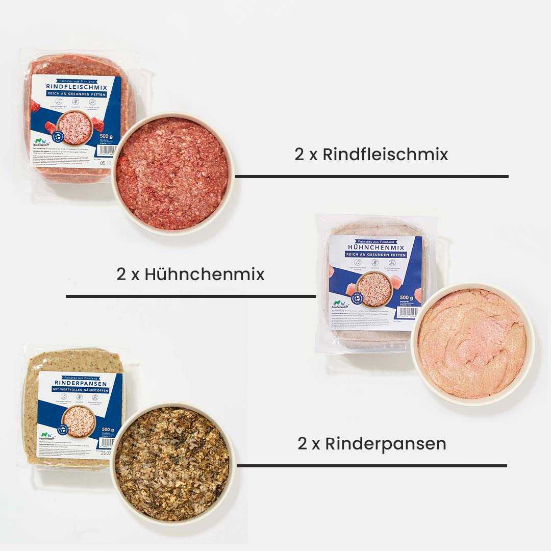 Probierpaket Finnland für Barfer mit Rindfleischmix, Hühnchenmix und Rinderpansen; BARF Zubereitung.