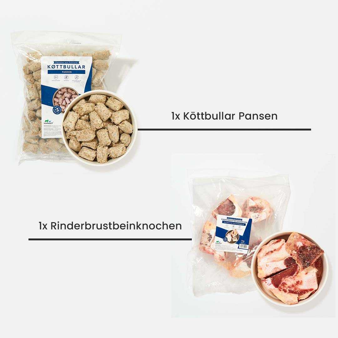 Probierpaket Finnland für Barfer mit Köttbullar Pansen und Rinderbrustbeinknochen.