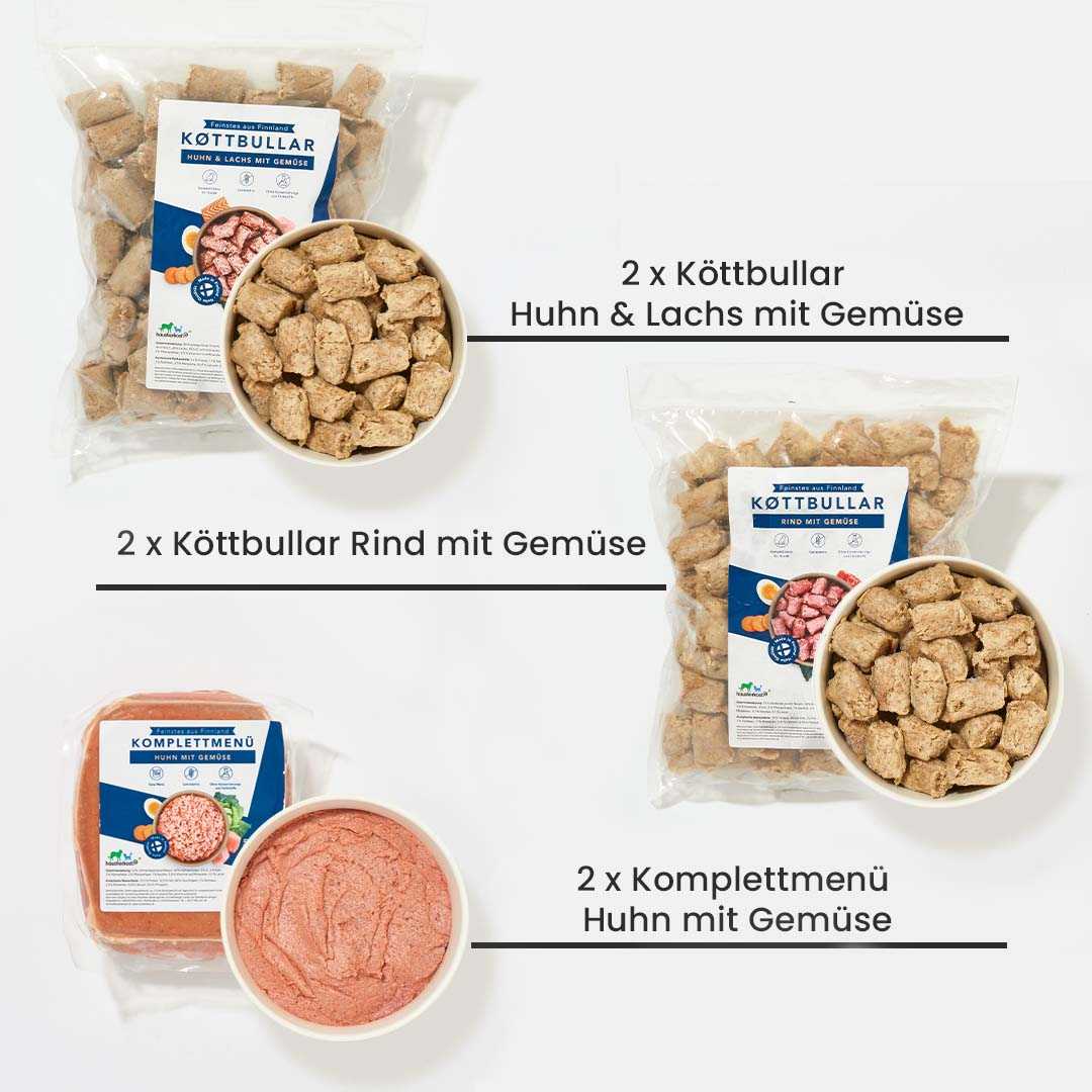 Probierpaket Finnland Menü mit Köttbullar und Komplettmenü für Hunde.
