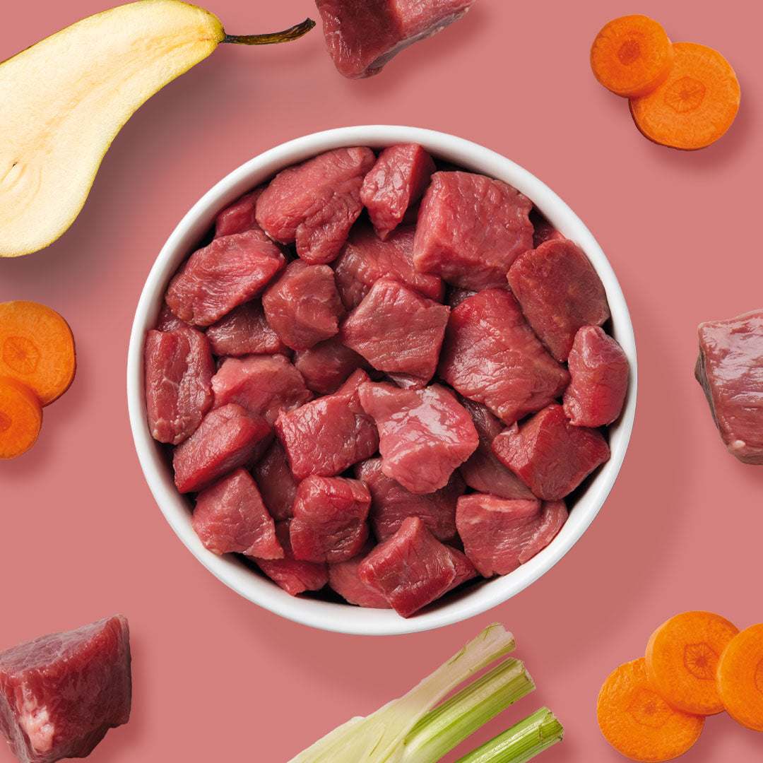 Sous Vide Menü Rind für Hunde mit schonend gegartem Fleisch, Karotten und Birne.