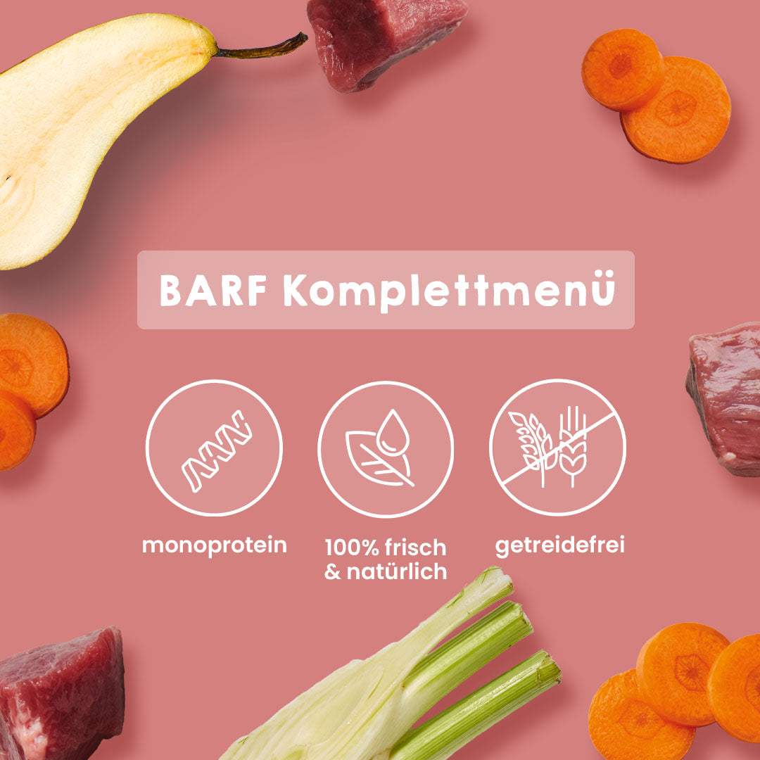 Sous Vide Menü Rind für Hunde, zart gegart, nährstoffreich, leicht verdaulich, ideal für sensible Hunde.