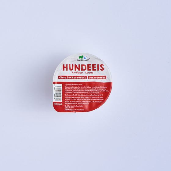 Hundeeis Rind 90 ml laktosefrei mit Rindfleisch und Karotte, perfekte Abkühlung.