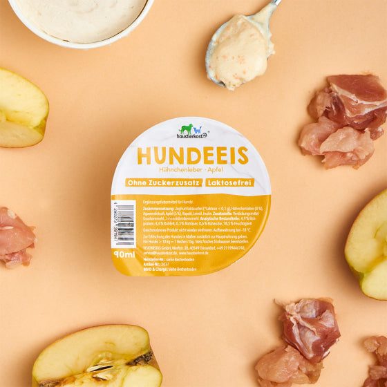 Hundeeis Huhn mit laktosefreiem Joghurt, Hähnchenleber und Apfel, 90 ml, ohne Zuckerzusatz.