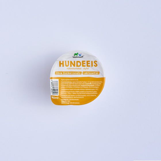 Laktosefreies Hundeeis mit Hühnerleber und Apfel, 90 ml Becher.